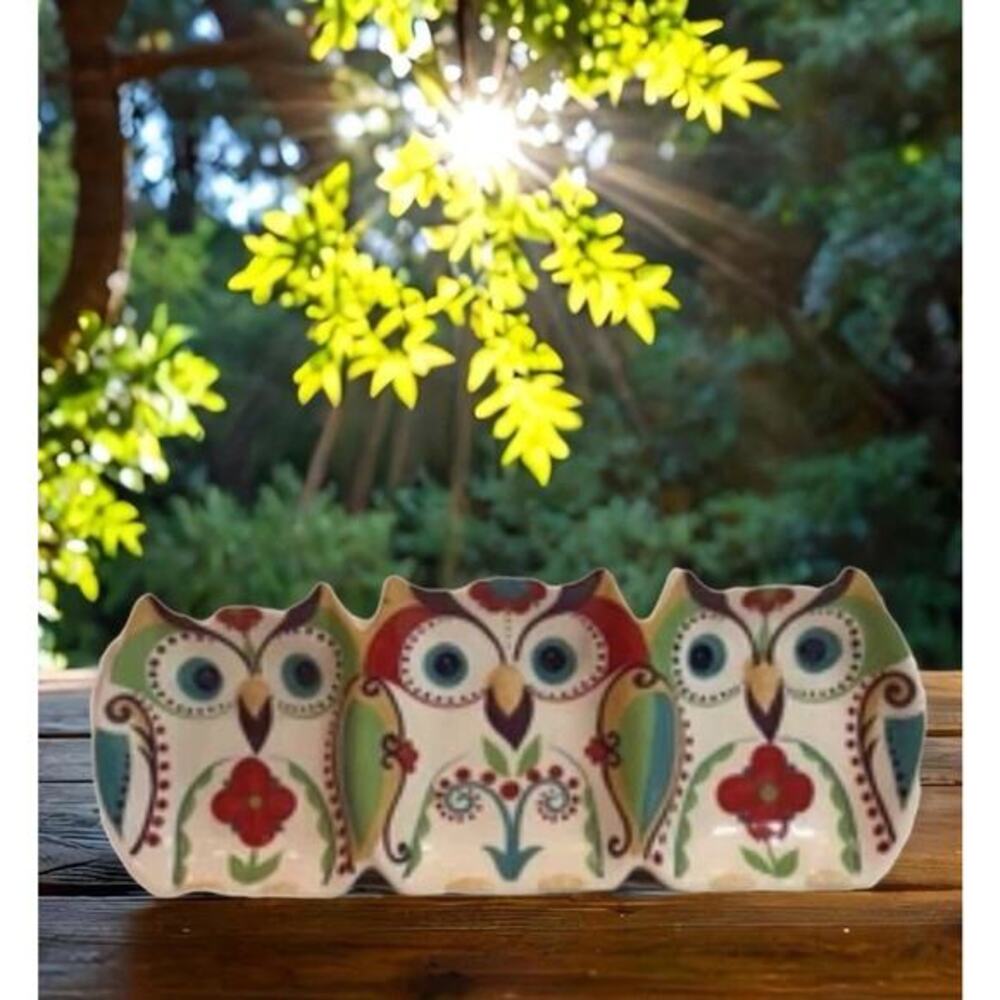 TAG Home 14” White Ceramic Triple Owl Dish Tray Appetizer Snack Serving Platter